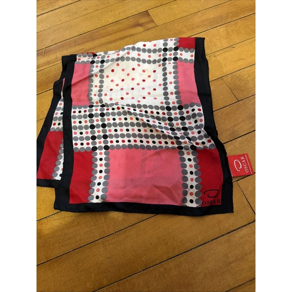 Oscar de La Renta Featherweight Silk Scarf Polka Dot Red Pink Vintage